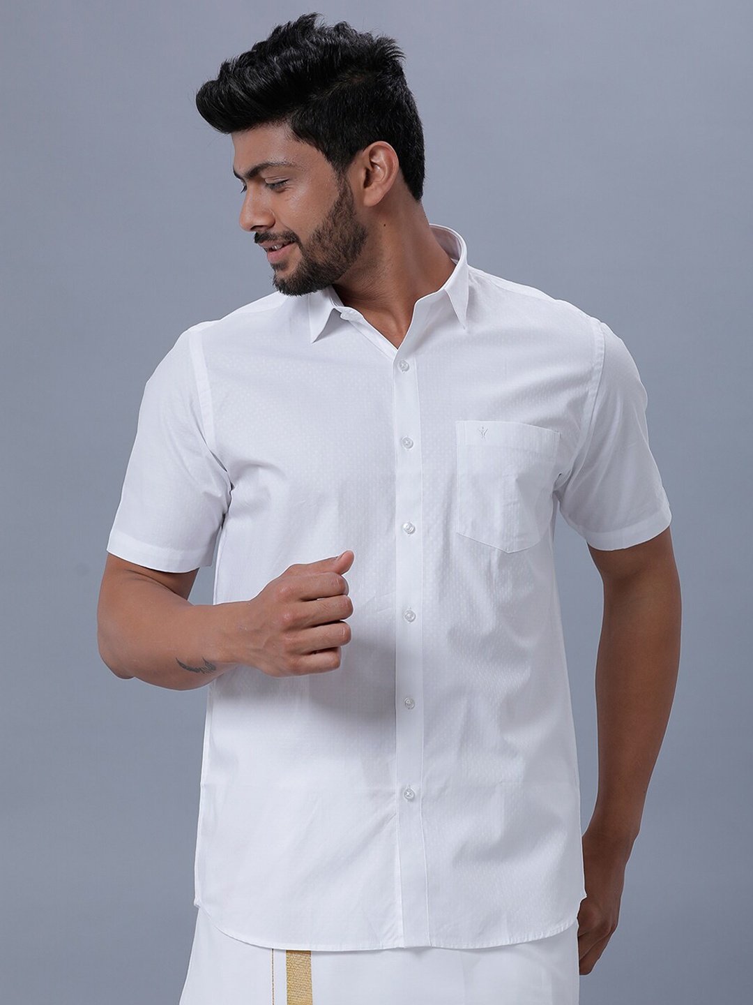 

Ramraj Self Design Breathable Spread Collar Prestigious Fit Casual shirt, White