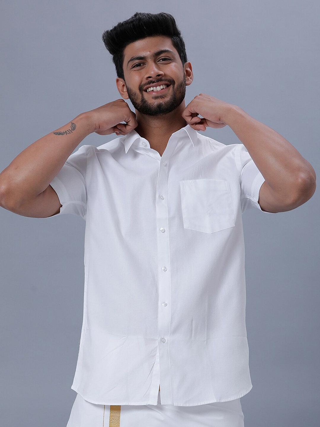 

Ramraj Spread Collar Short regular sleeves Opaque Ethnic Cotton Shirt, White
