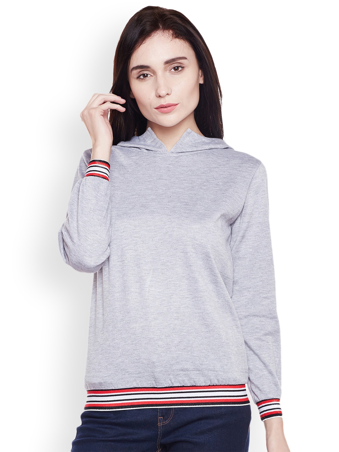 

Belle Fille Women Grey Melange Solid Hooded Sweatshirt