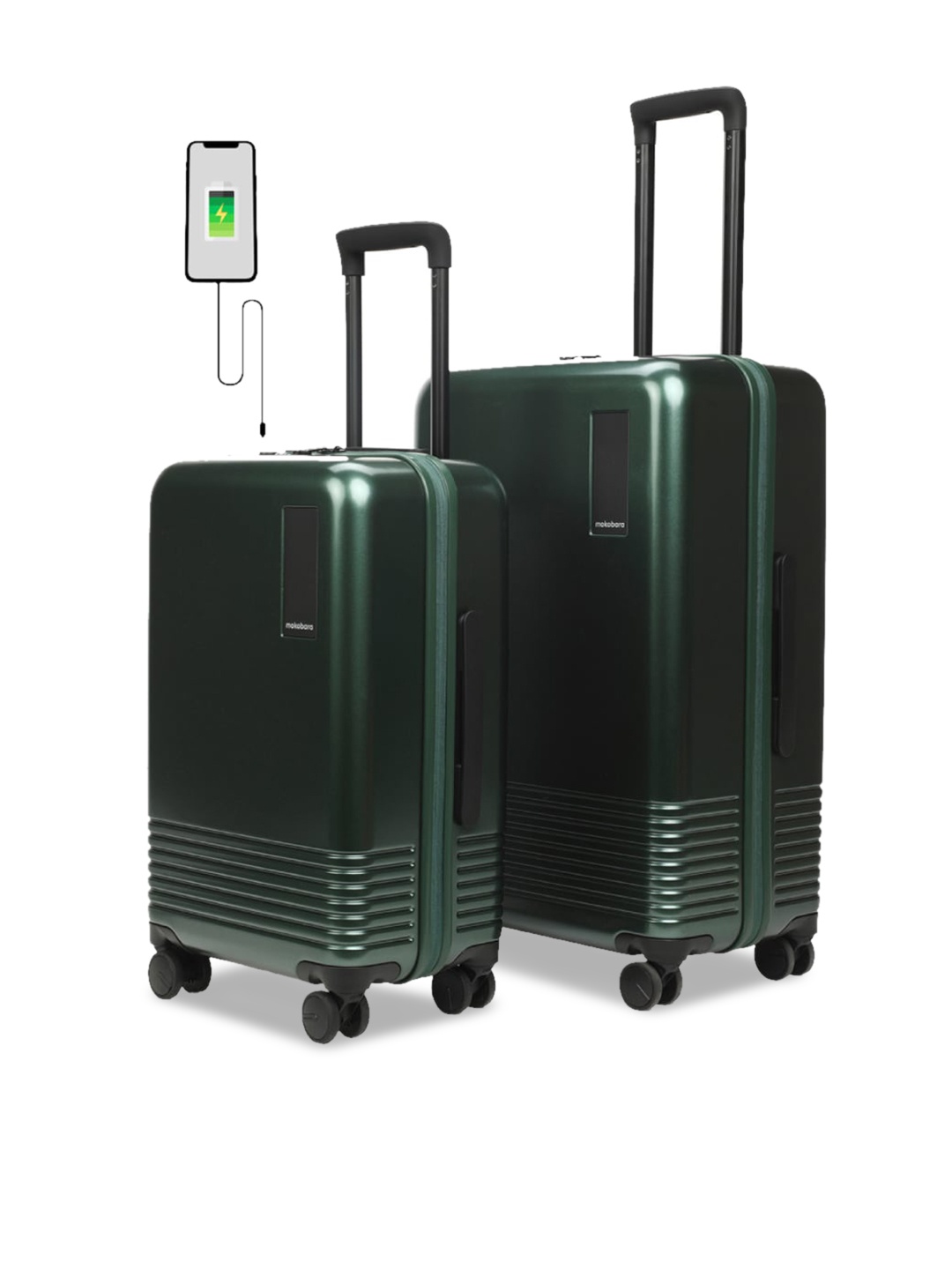 

MOKOBARA Set Of 2 Hard-Sided USB Charging Socket Luggage Trolley Suitcases, Green