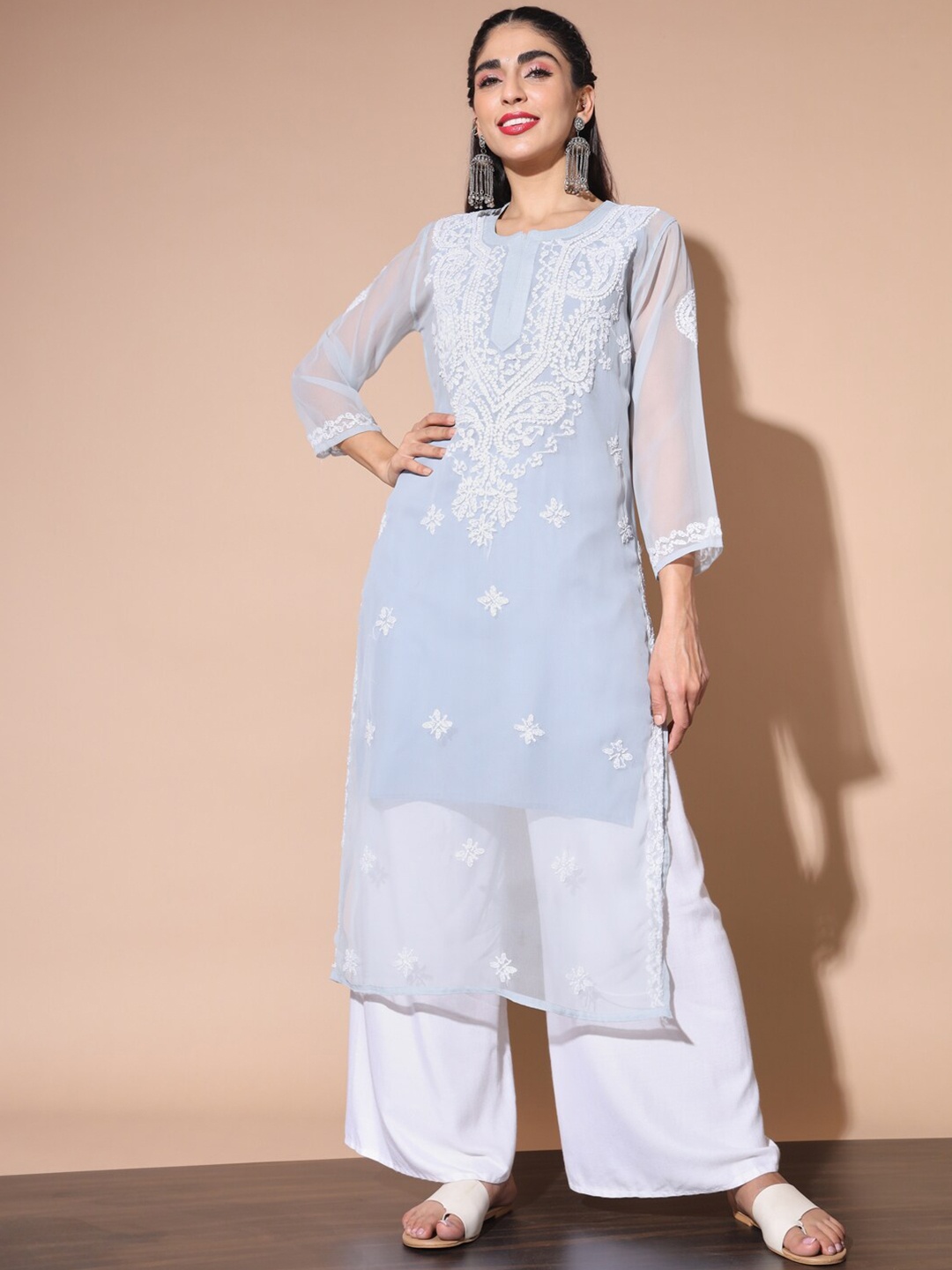 

BUY NEW TREND Ethnic Motifs Printed Chikankari Georgette Kurta, Blue