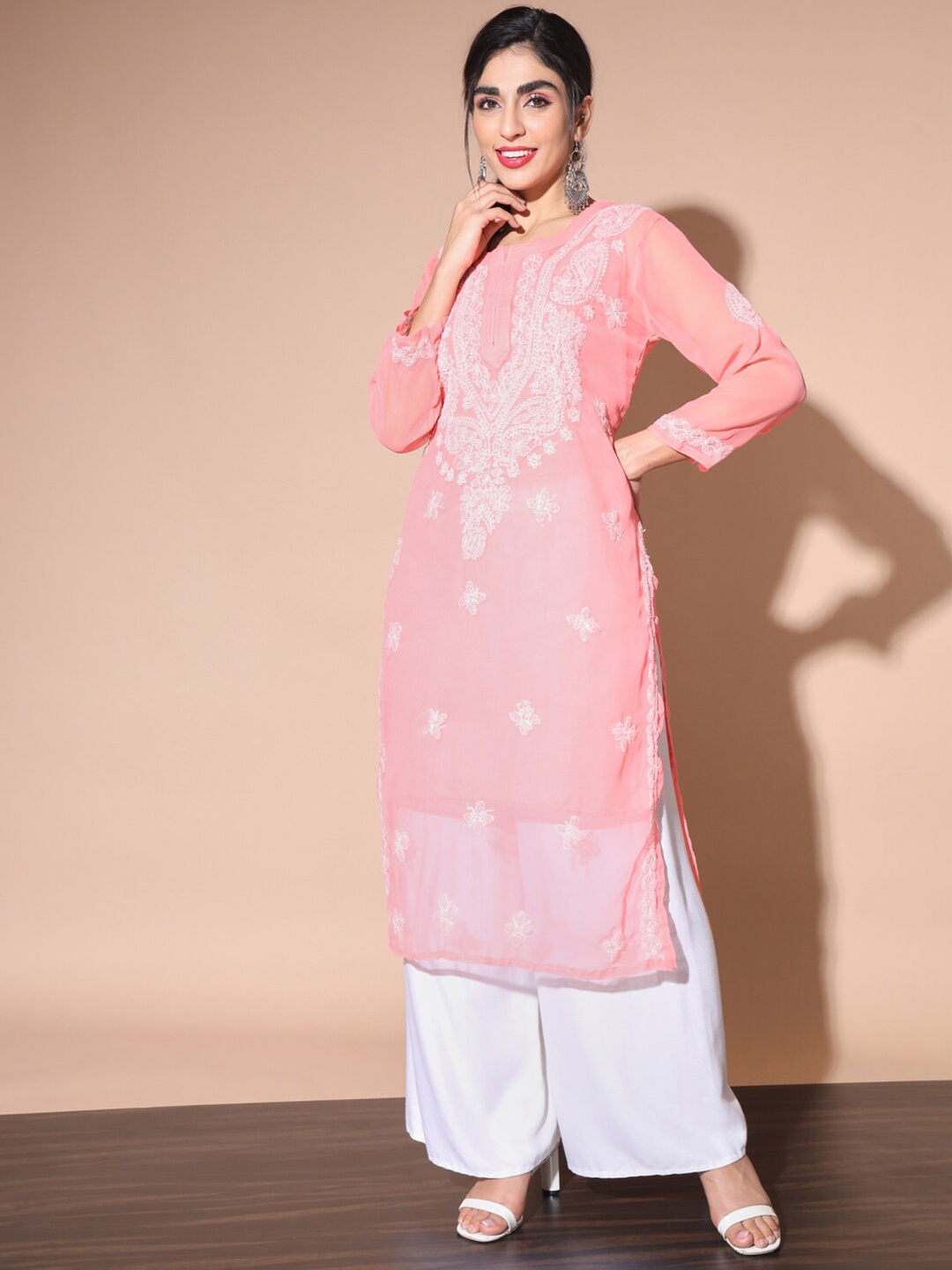 

BUY NEW TREND Ethnic Motifs Embroidered Chikankari Georgette Kurta, Peach