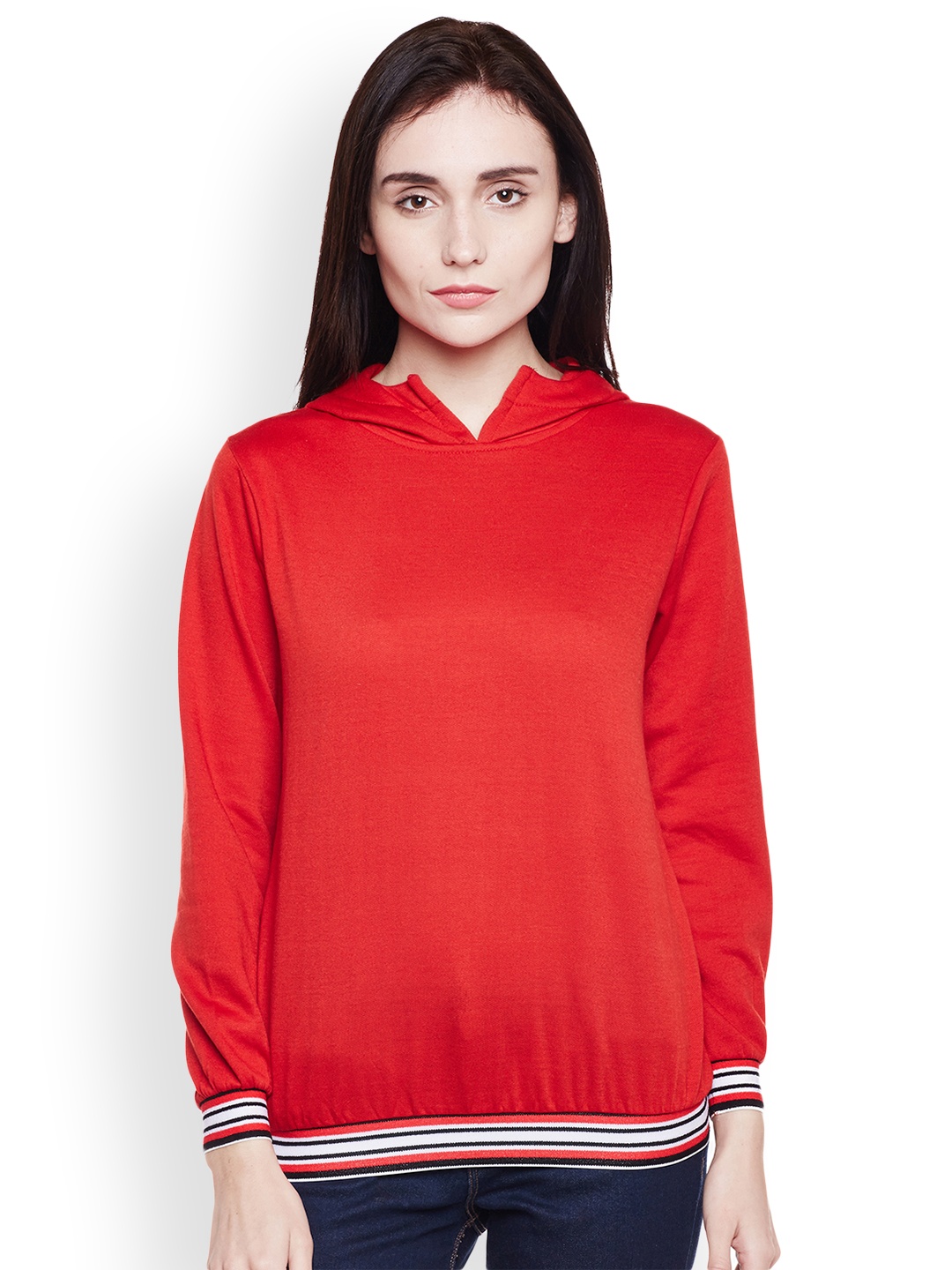

Belle Fille Women Red Solid Hooded Sweatshirt