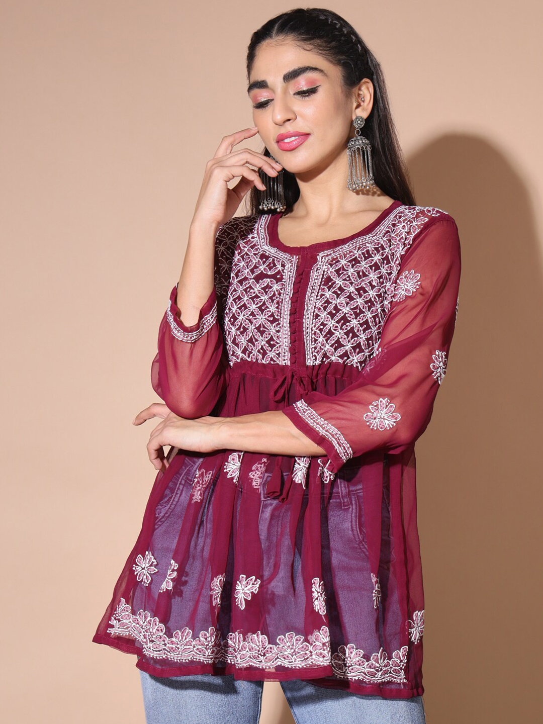 

BUY NEW TREND Ethnic Motifs Embroidered Chikankari Pleated Kurti, Maroon