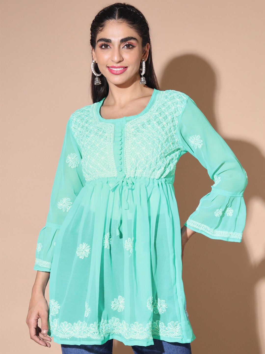 

BUY NEW TREND Ethnic Motifs Embroidered Chikankari Pleated Kurti, Blue