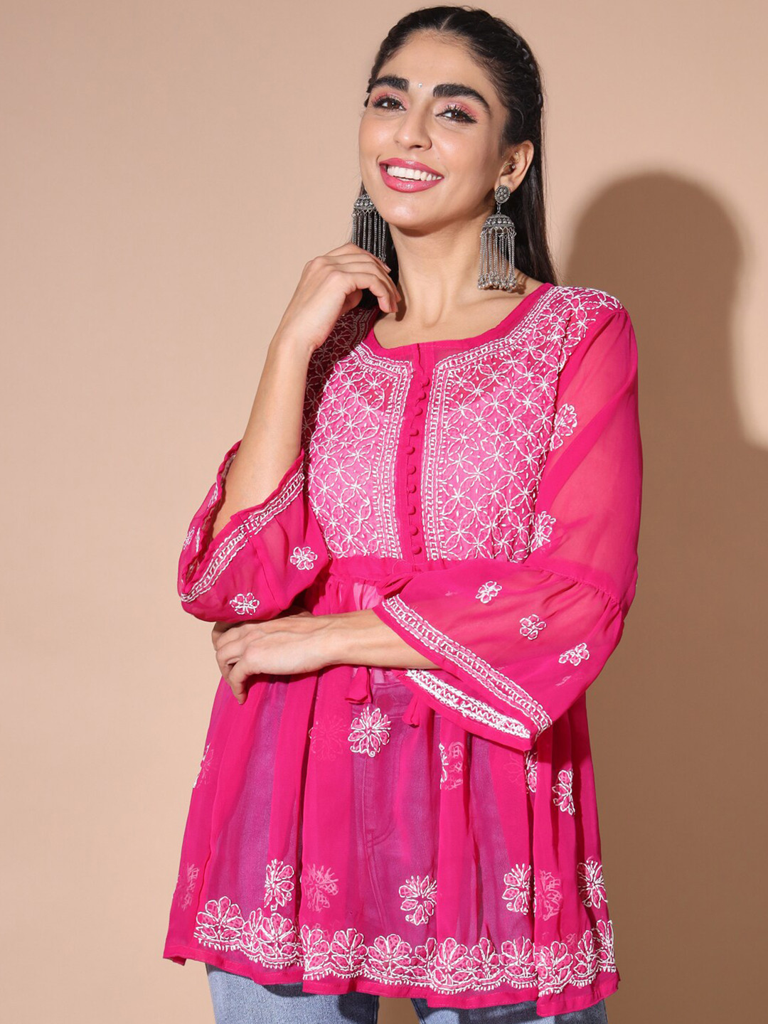 

BUY NEW TREND Ethnic Motifs Embroidered Chikankari Pleated Kurti, Pink