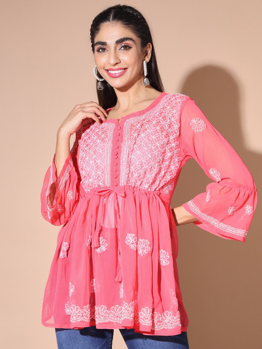 

BUY NEW TREND Ethnic Motifs Embroidered Chikankari Pleated Kurti, Pink