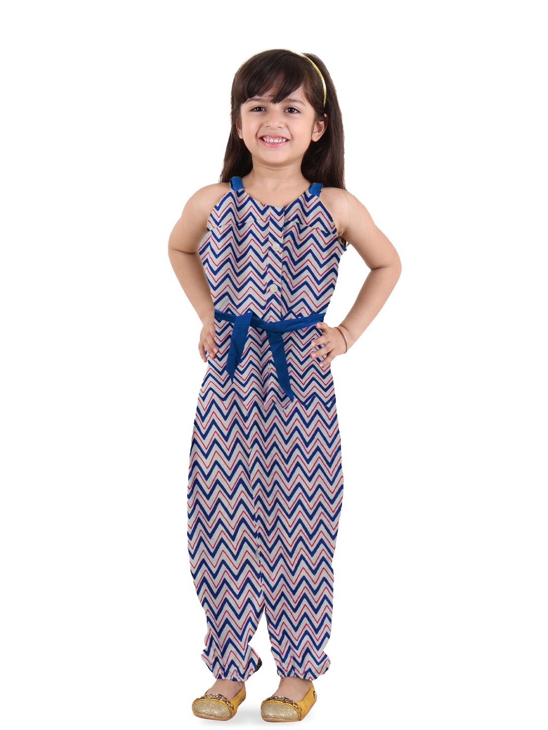 

Kids On Board Girls Printed Waist Tie-Ups Pure Cotton Basic Jumpsuit, Blue