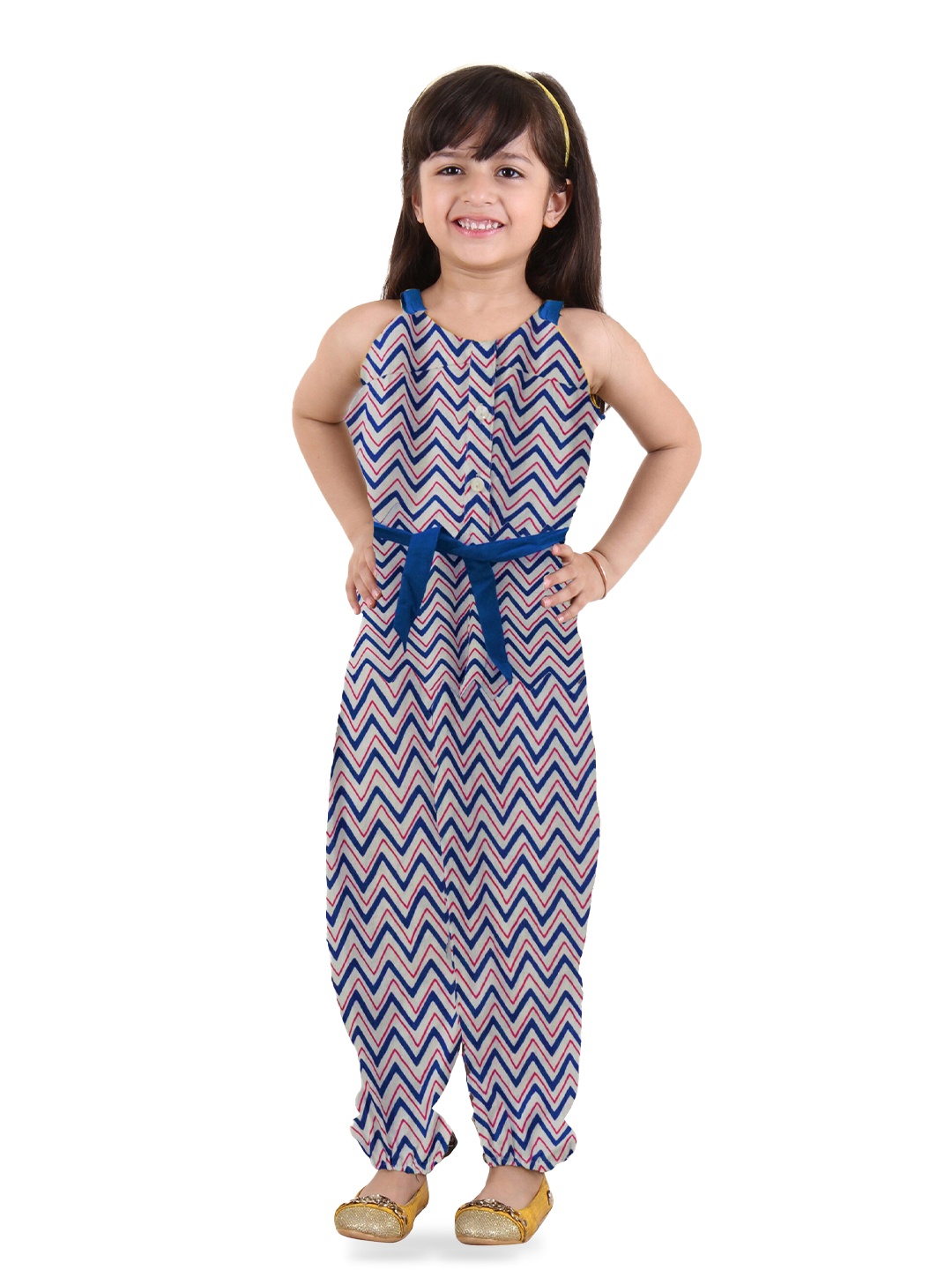 

Kids On Board Girls Printed Waist Tie-Ups Pure Cotton Basic Jumpsuit, Blue