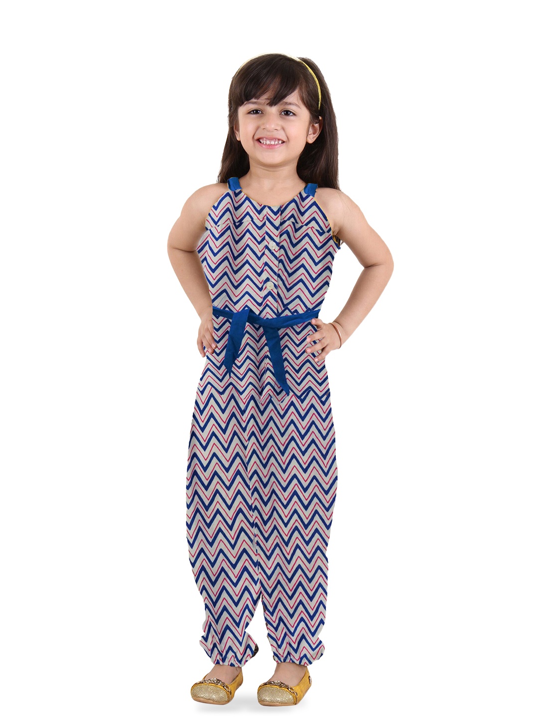 

Kids On Board Girls Chevron Printed Pure Cotton Basic Jumpsuit, Blue