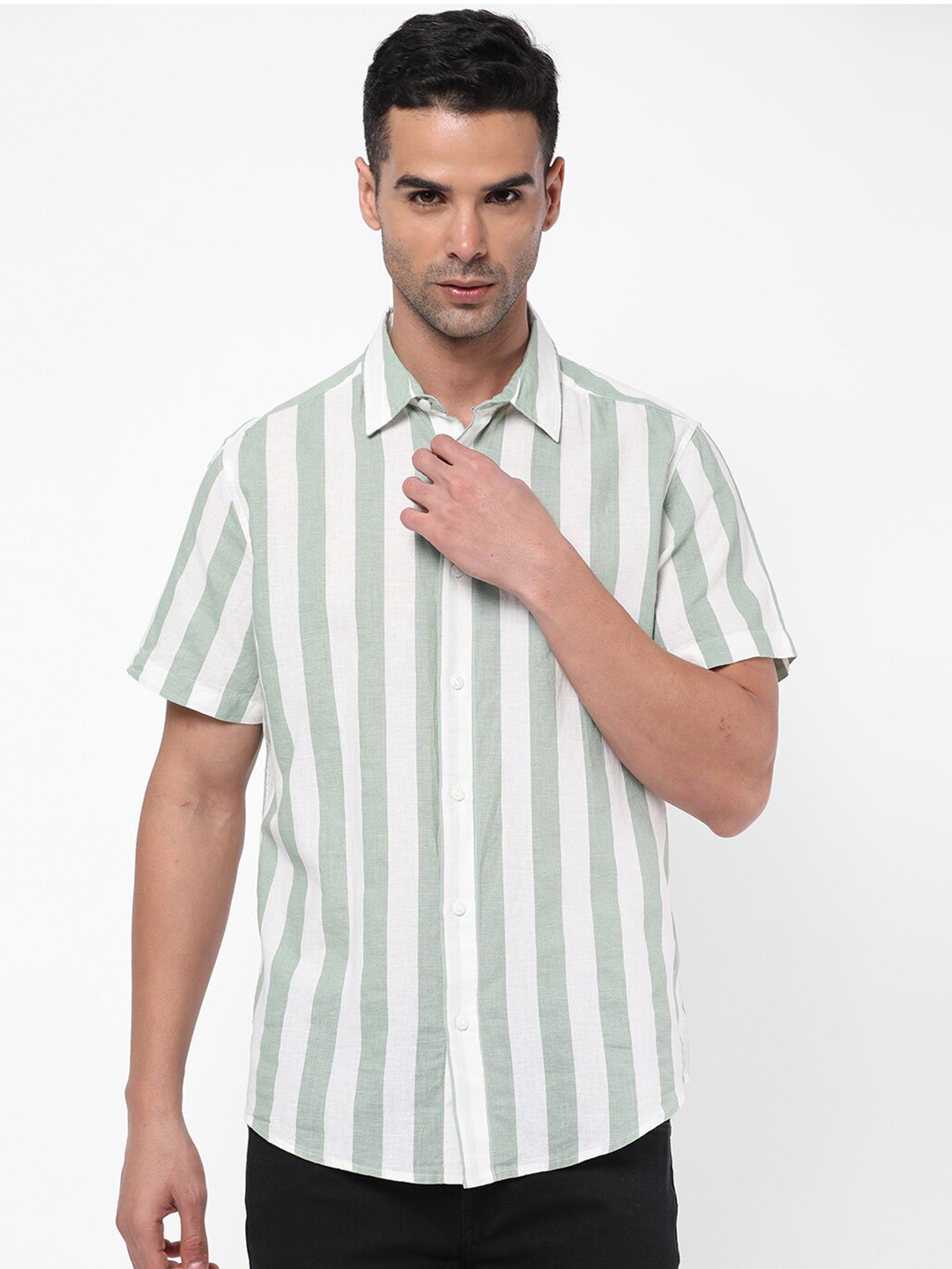 

R&B Striped Cotton Casual Shirt, Green