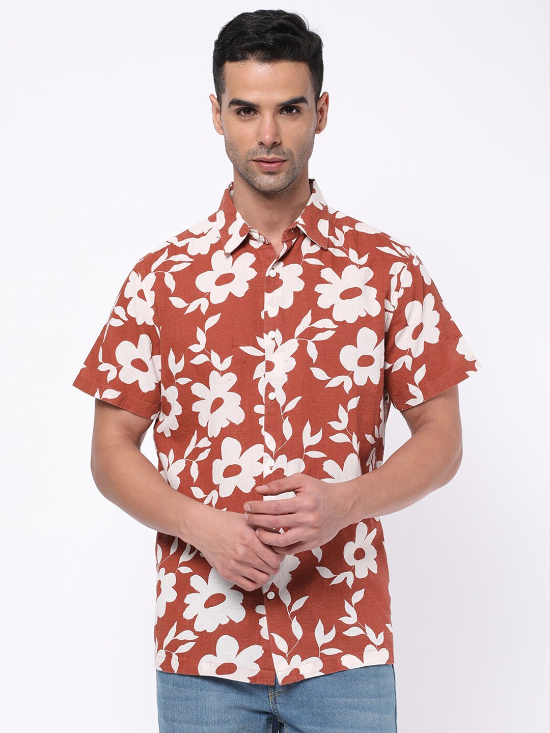 

R&B Floral Printed Cotton Casual Shirt, Rust