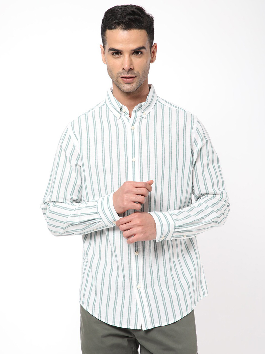 

R&B Striped Long Sleeves Cotton Casual Shirt, Green
