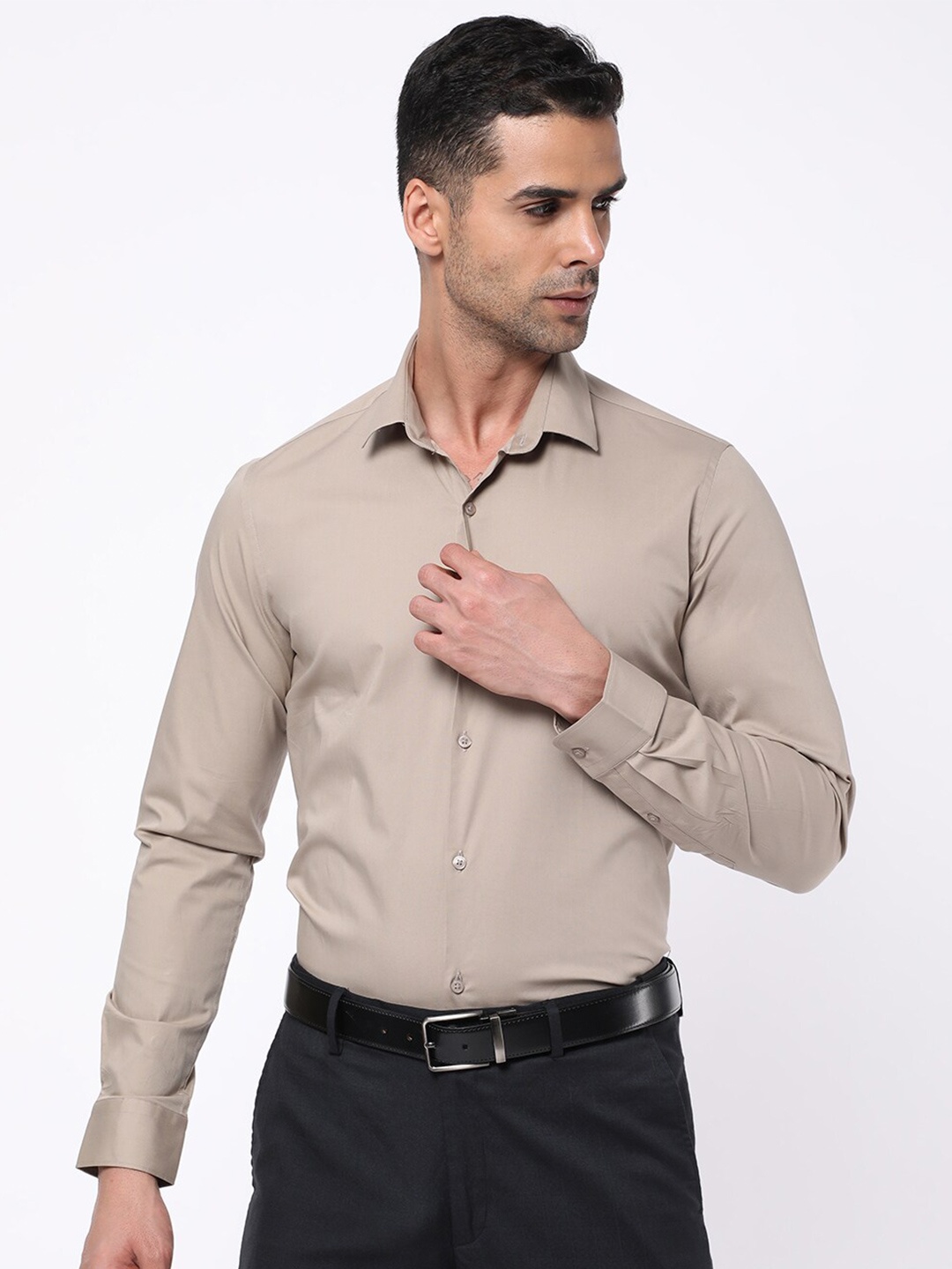 

R&B Spread Collar Opaque Cotton Formal Shirt, Beige