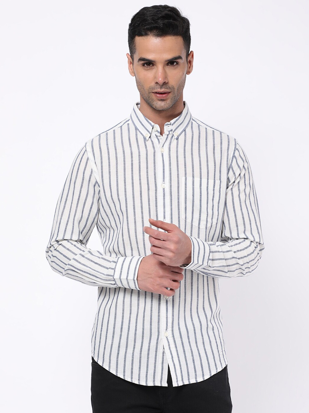

R&B Striped Long Sleeves Cotton Casual Shirt, Beige