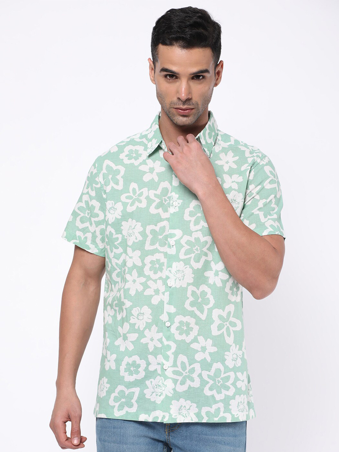 

R&B Floral Printed Cotton Casual Shirt, Green