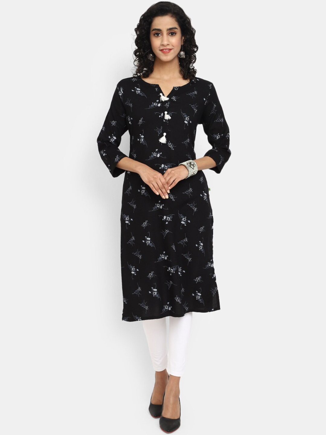 

V-Mart Floral Printed Notched Neck Straight Regular Kurta, Black