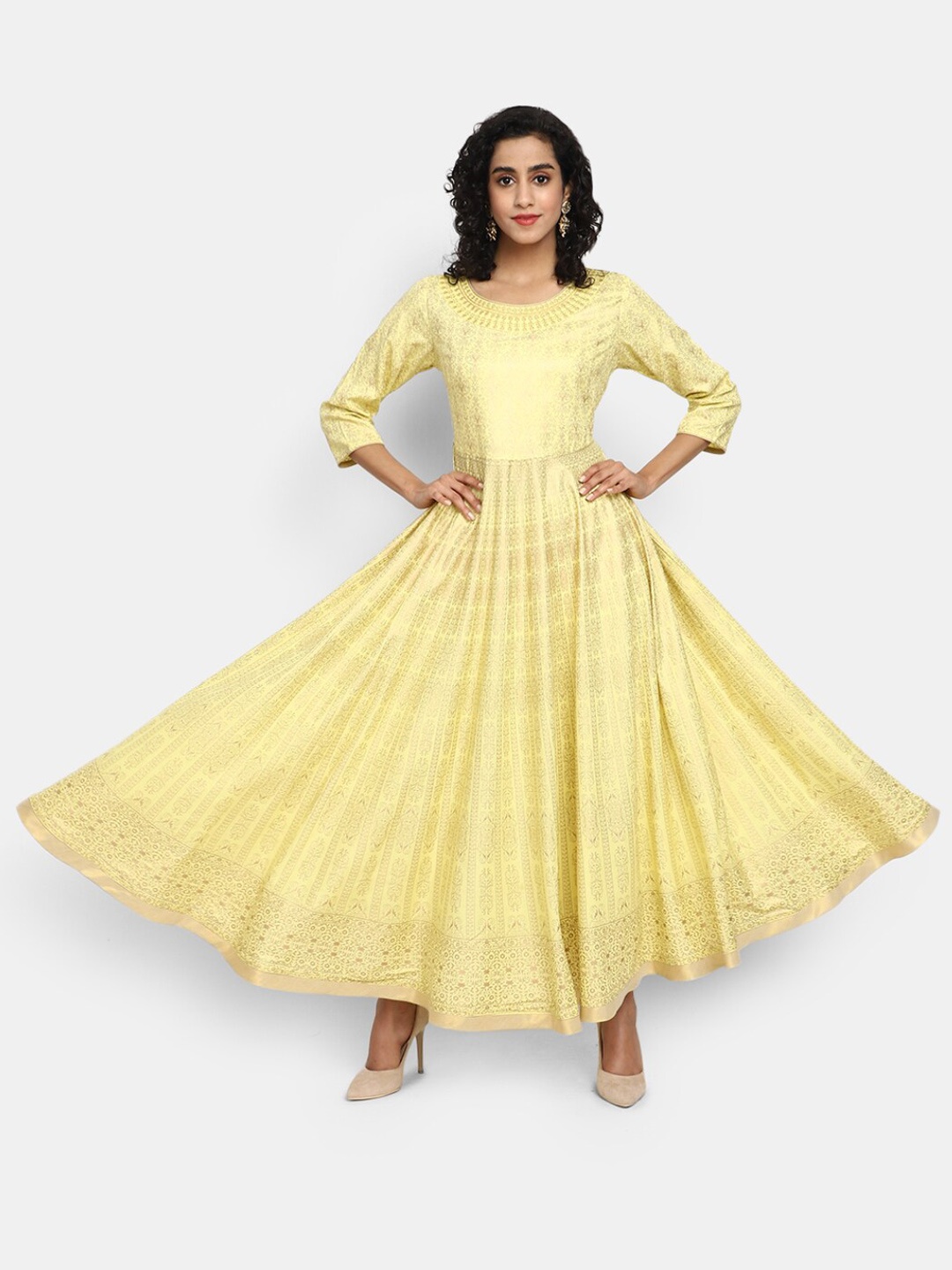 

V-Mart Printed Embroidered Fit & Flare Ethnic Dress, Yellow