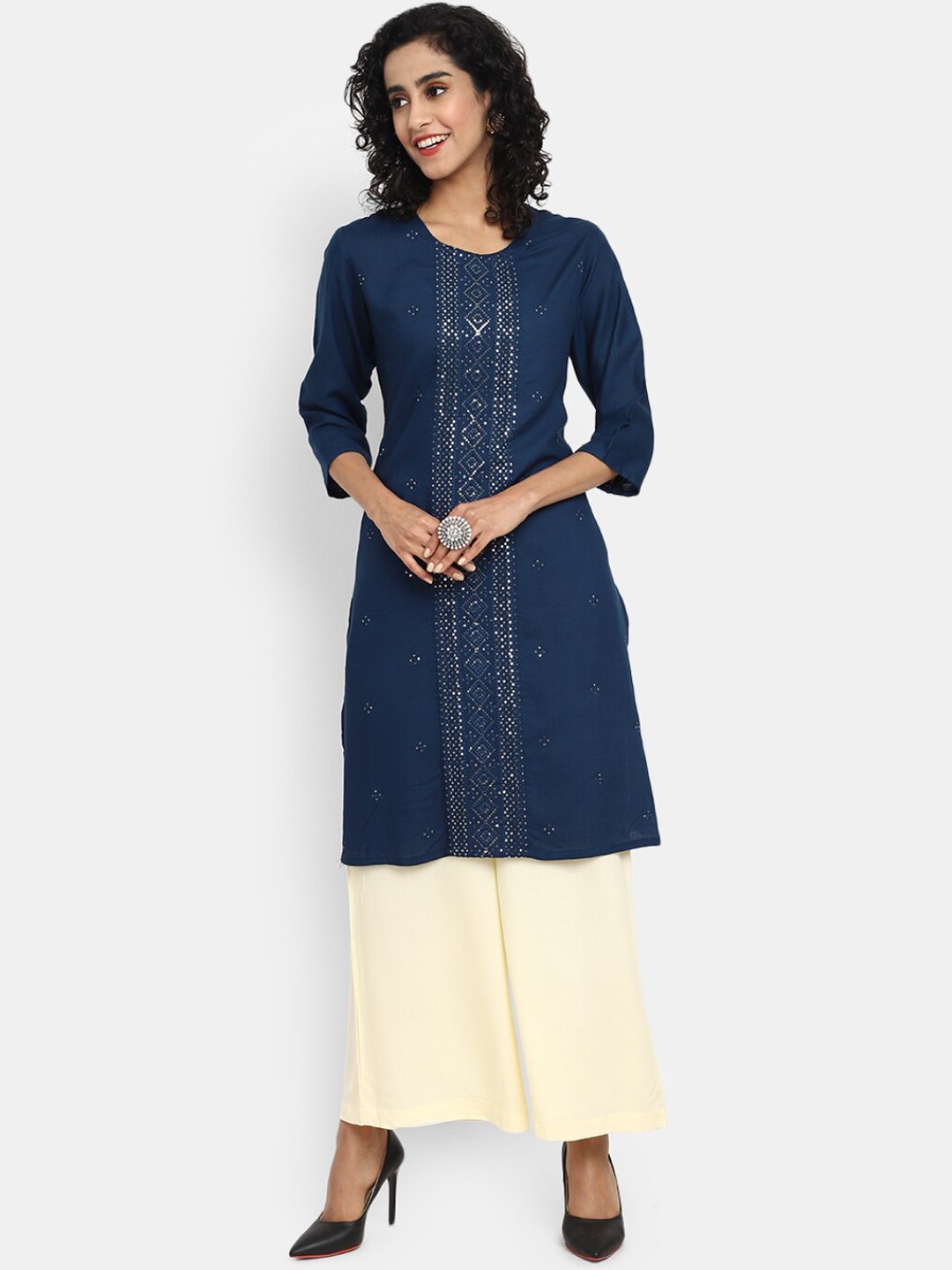 

V-Mart Geometric Embroidered Sequins Kurta, Navy blue
