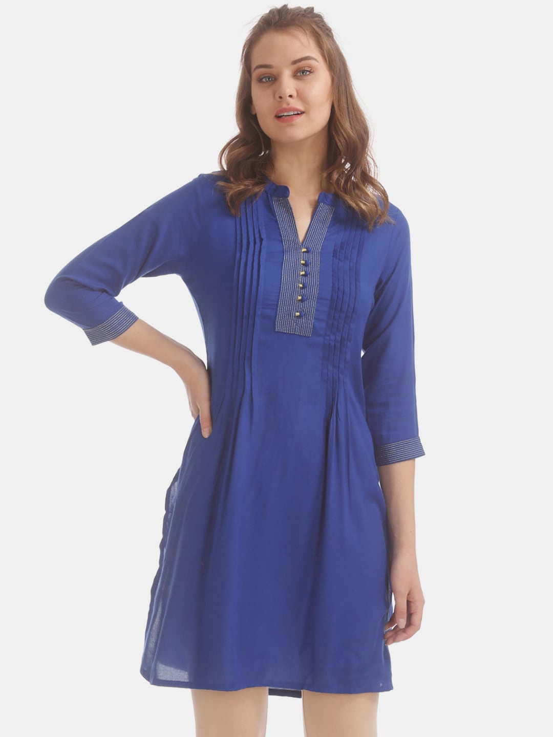 

V-Mart Gathered Or Pleated Mandarin Collar Cotton Kurta, Blue