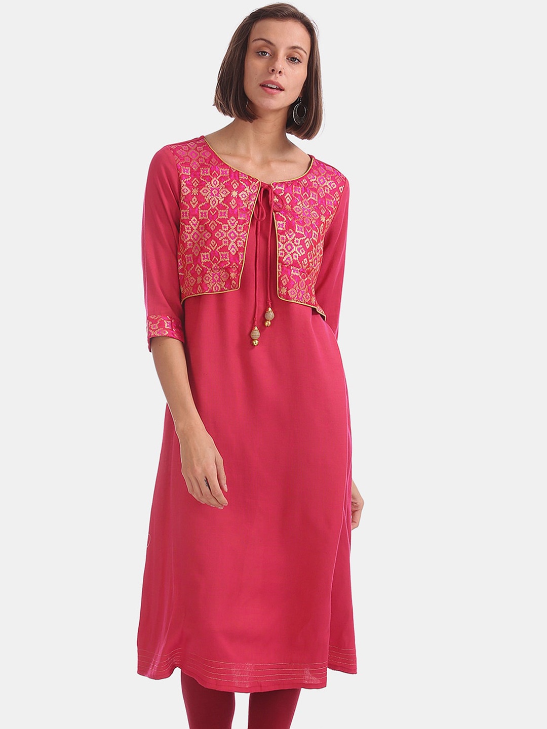 

V-Mart Ethnic Mtifs Woven Design Cotton A-Line Kurta, Pink