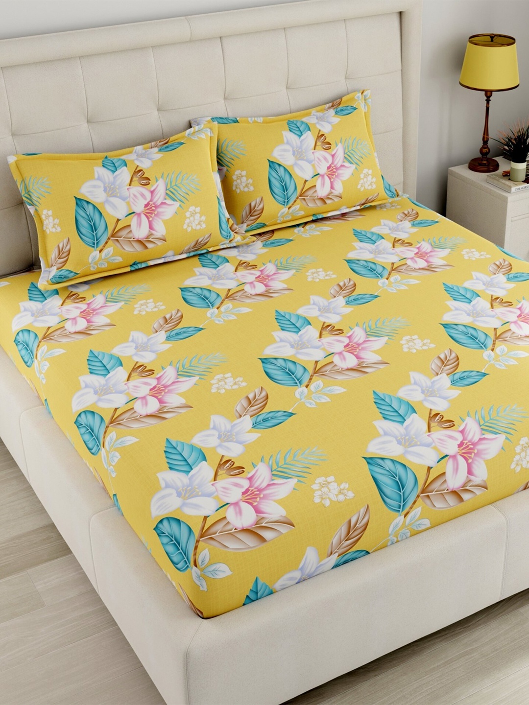 

CHHAVI INDIA Yellow & Blue Floral Printed 210 TC Queen Bedsheet & 2 Pillow Covers