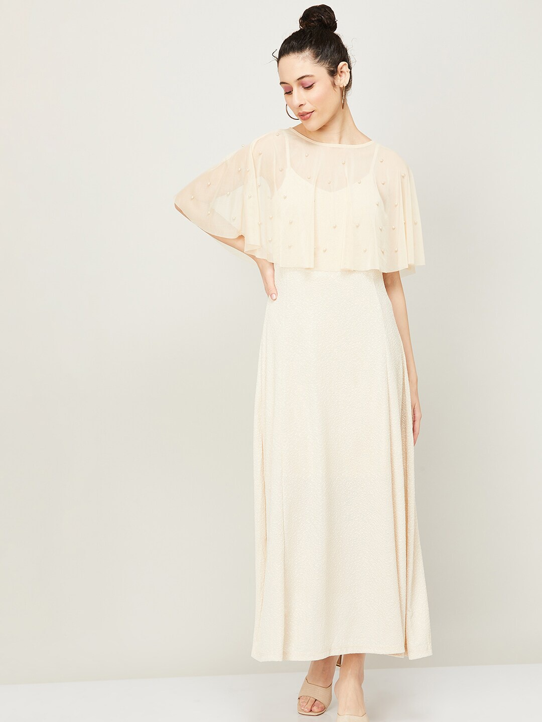 

CODE by Lifestyle Embellished Cape Sleeve A-Line Maxi Dress, Beige