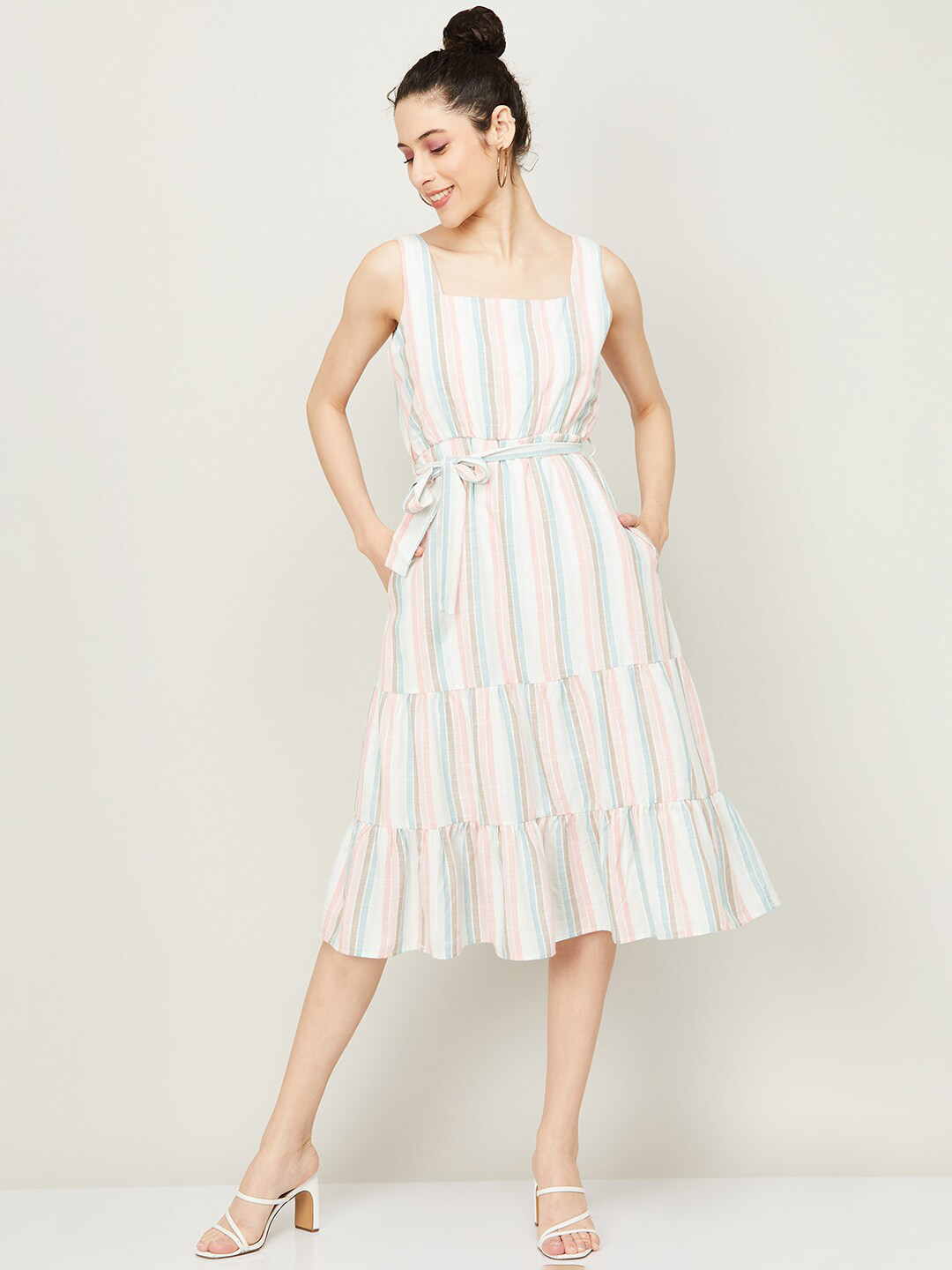 

CODE by Lifestyle Striped Tiered Fit & Flare Midi Dress, White