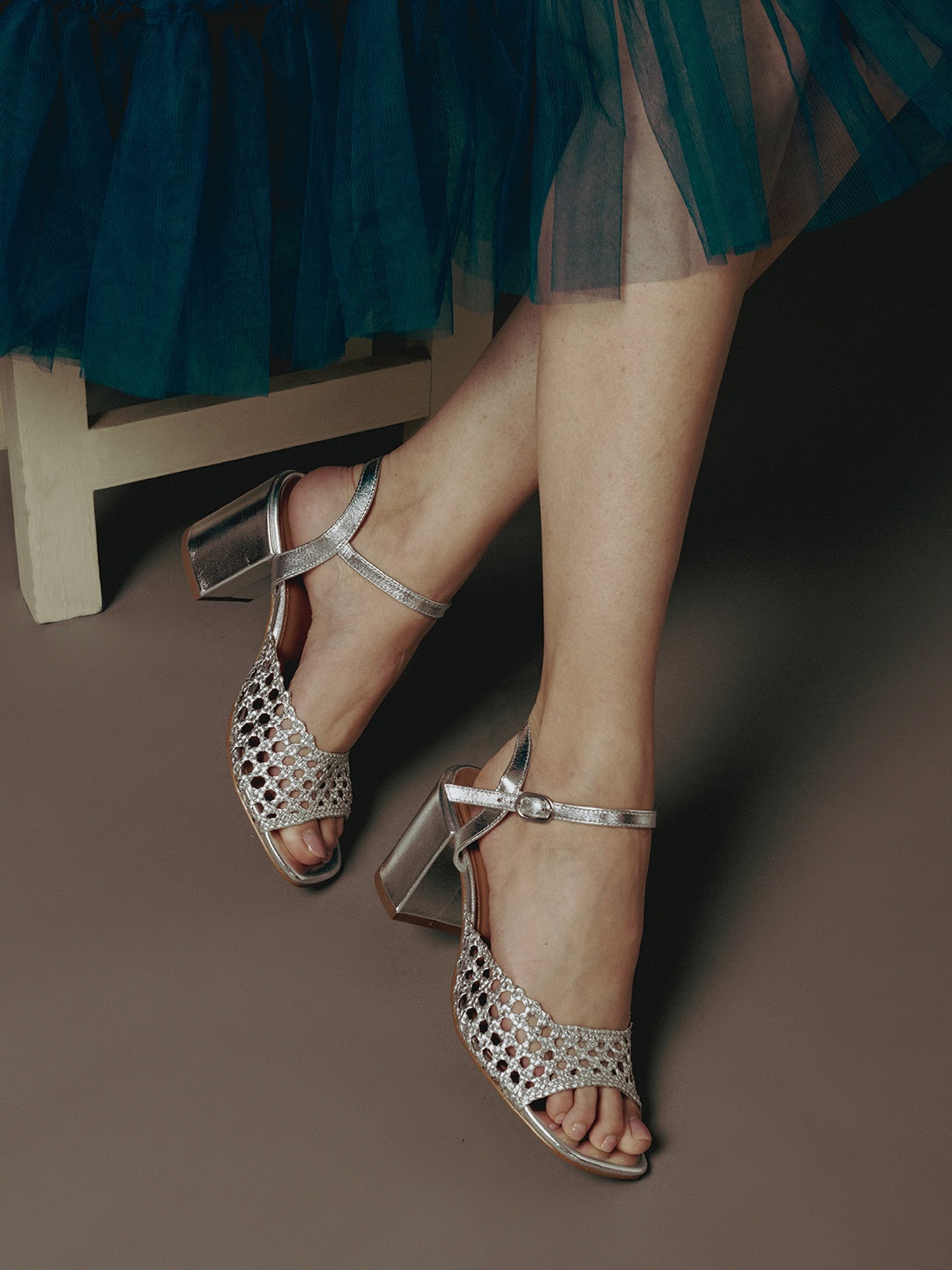 

Saint G Woven Design Open Toe Leather Block Heels With Ankle Loop, Silver
