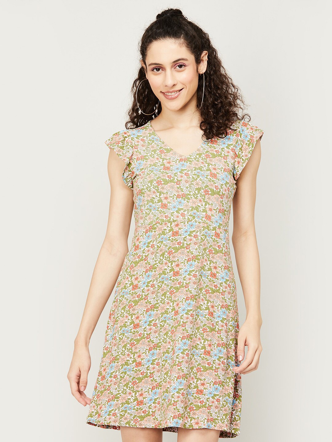

Fame Forever by Lifestyle Floral Printed Flutter Sleeve V-Neck A-Line Dress, Peach