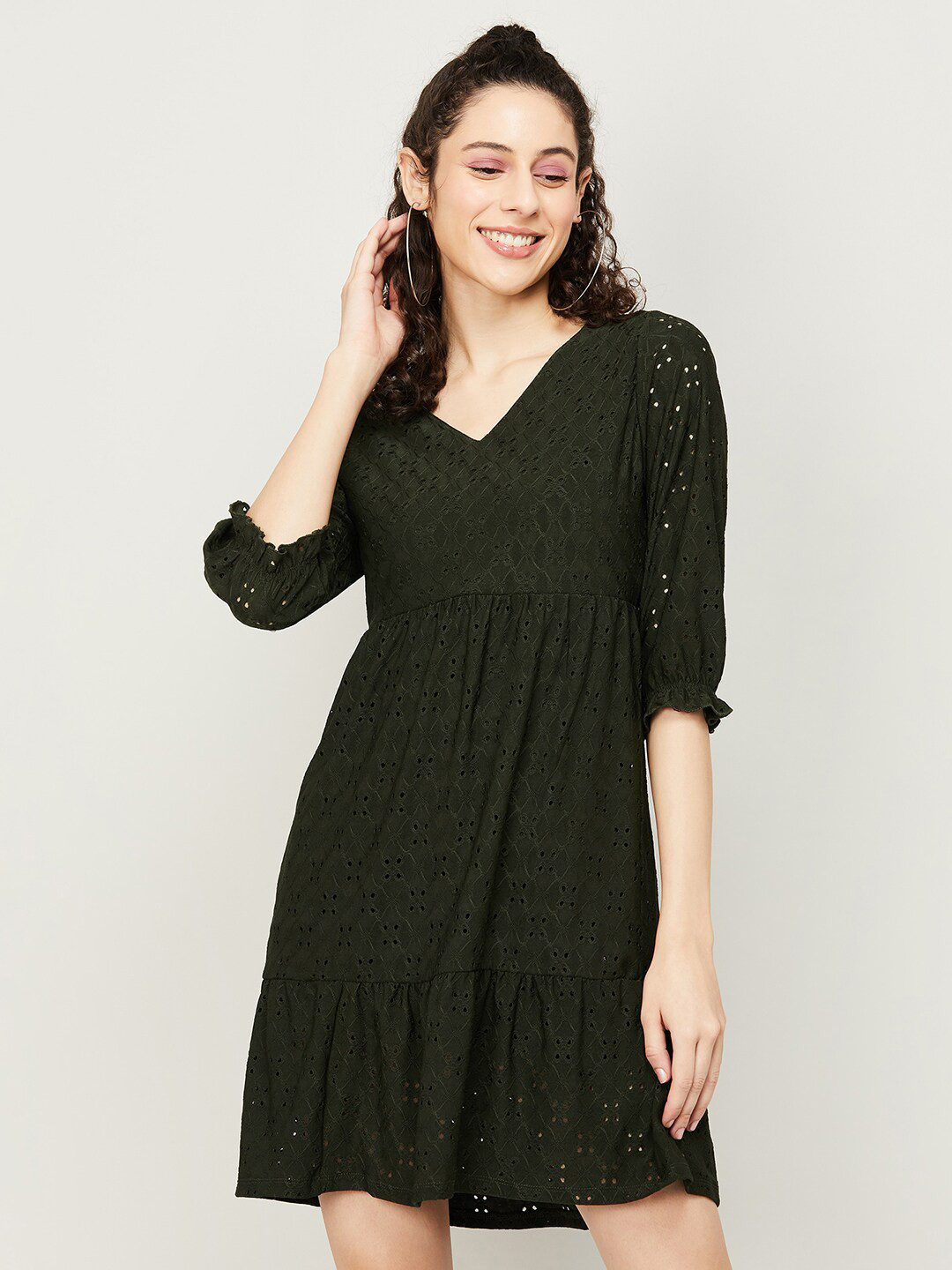 

Fame Forever by Lifestyle Puff Sleeve Flounce Self Design Fit & Flare Dress, Green
