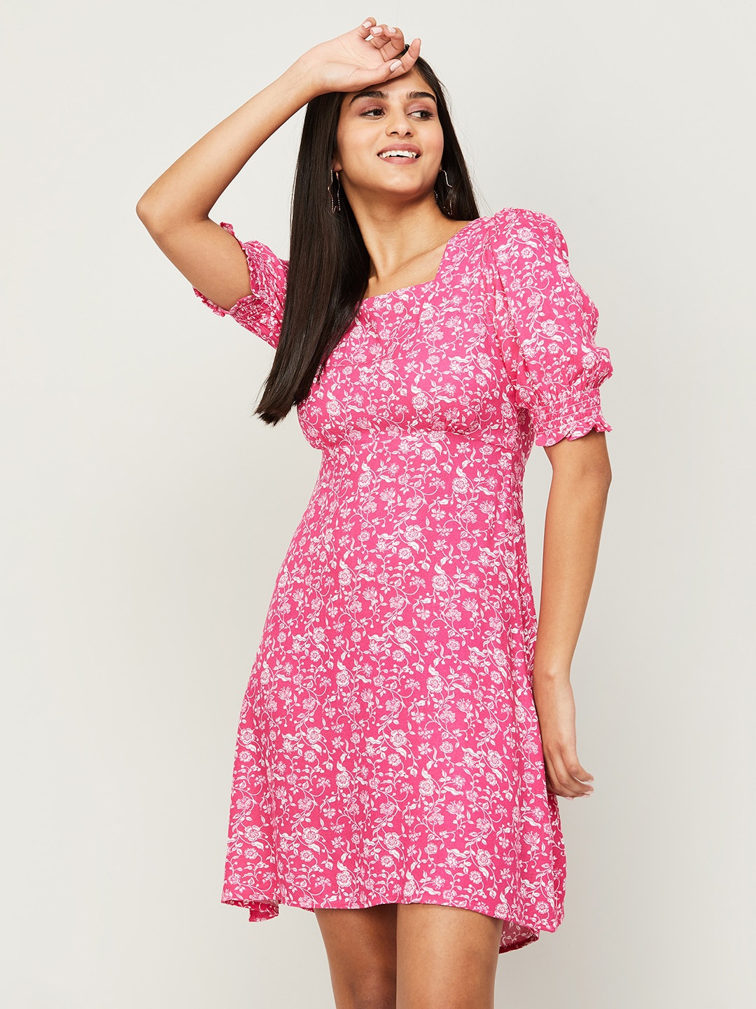 

Fame Forever by Lifestyle Floral Printed Square Neck Puff Sleeve A-Line Dress, Pink