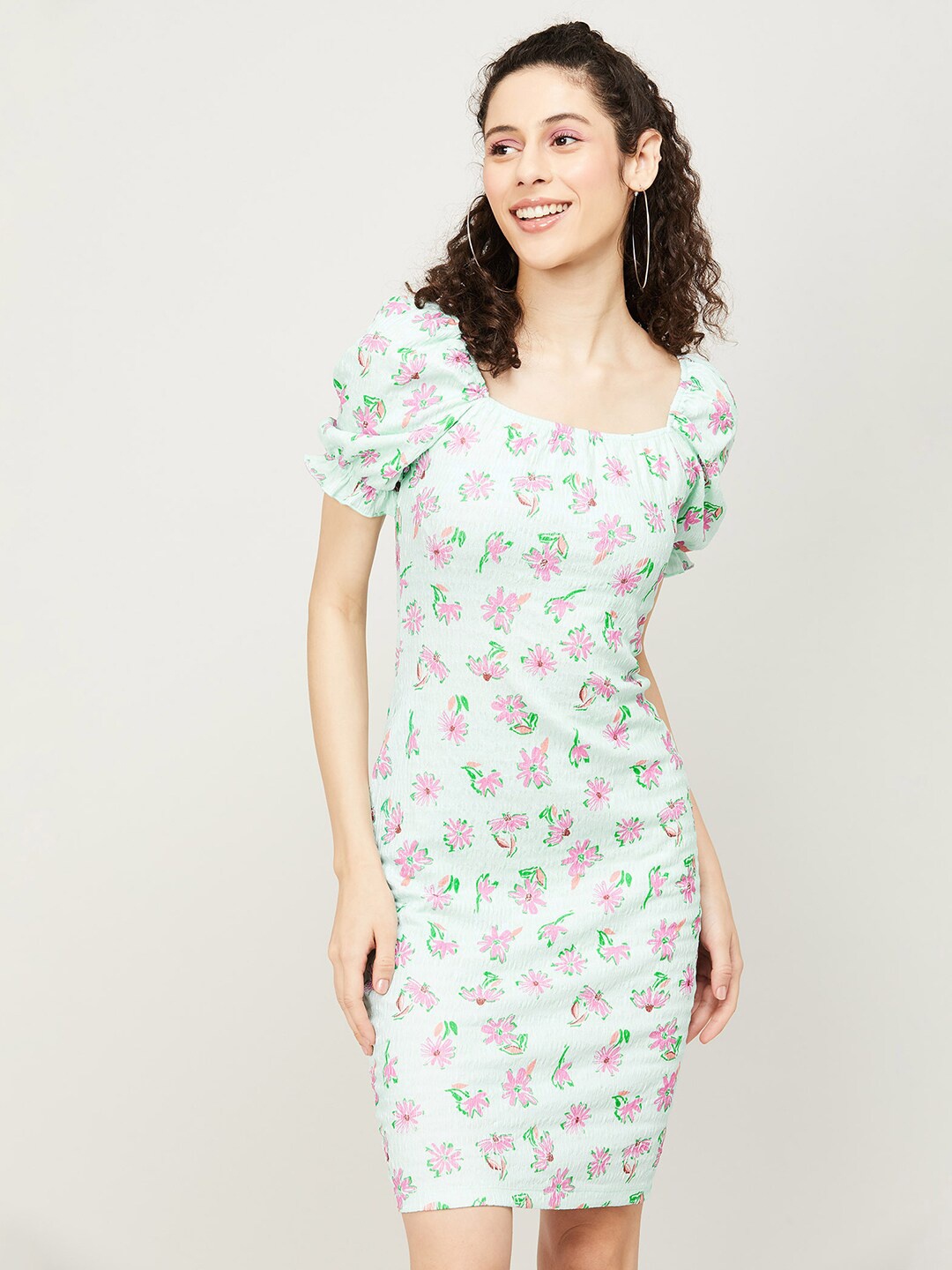 

Ginger by Lifestyle Floral Printed Square Neck Bodycon Dress, Blue