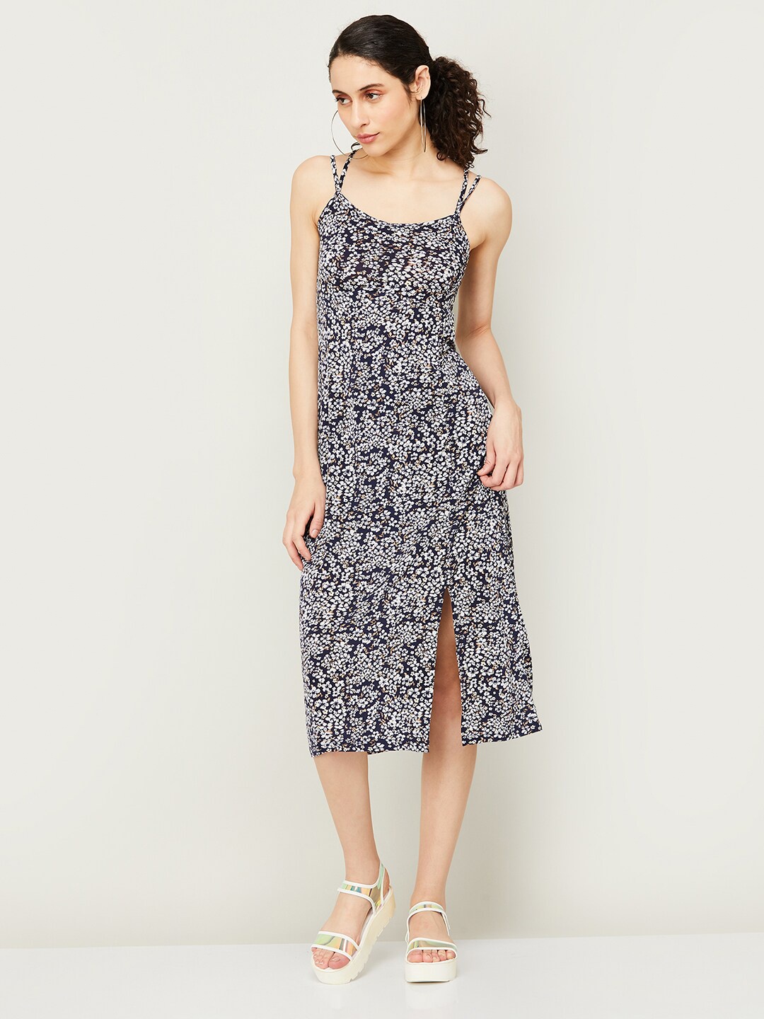 

Ginger by Lifestyle Floral Printed Shoulder Straps A-Line Midi Dress, Navy blue