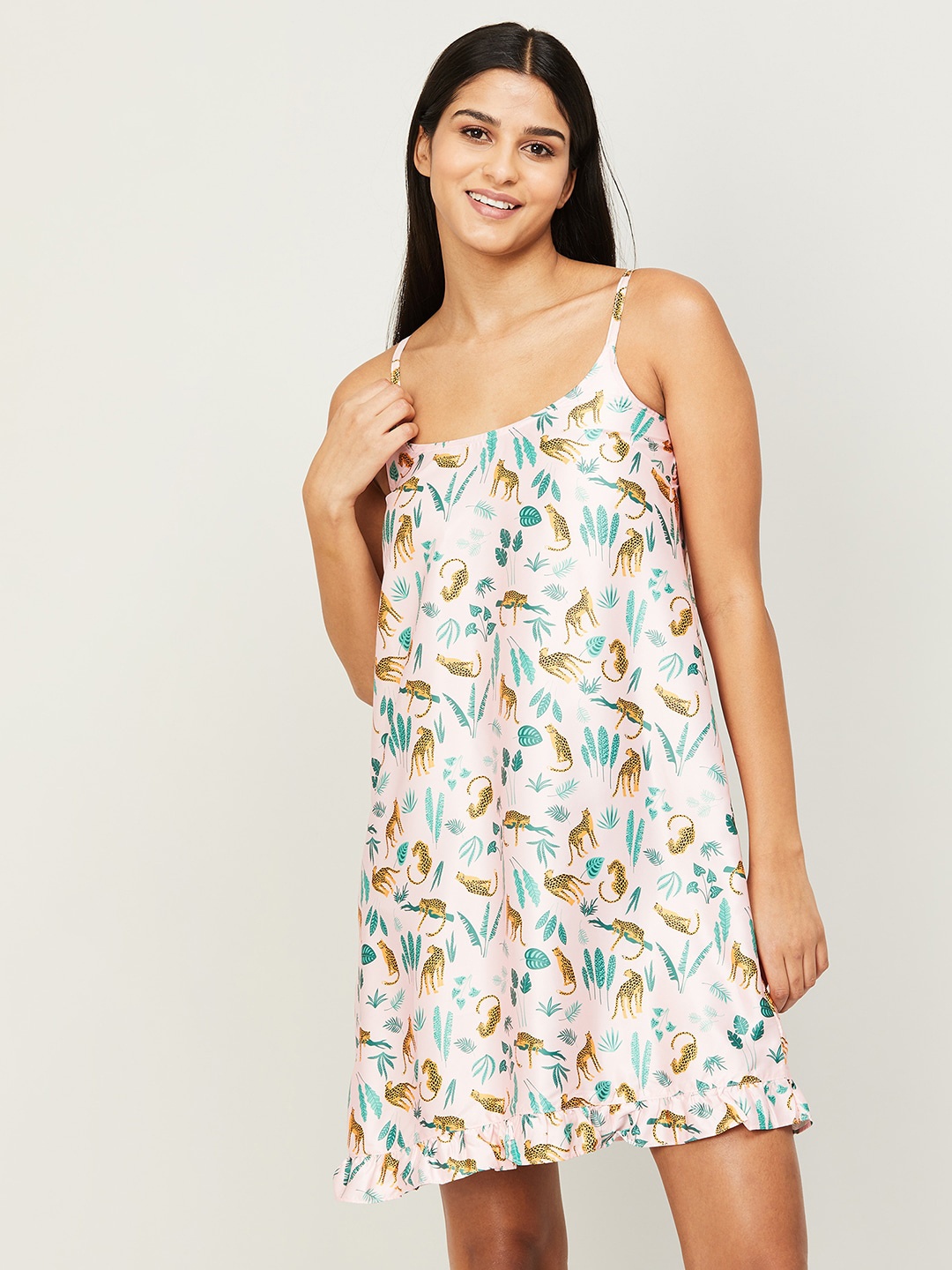 

Ginger by Lifestyle Women Shoulder Straps Printed Baby Doll with Flared Hemline, Pink