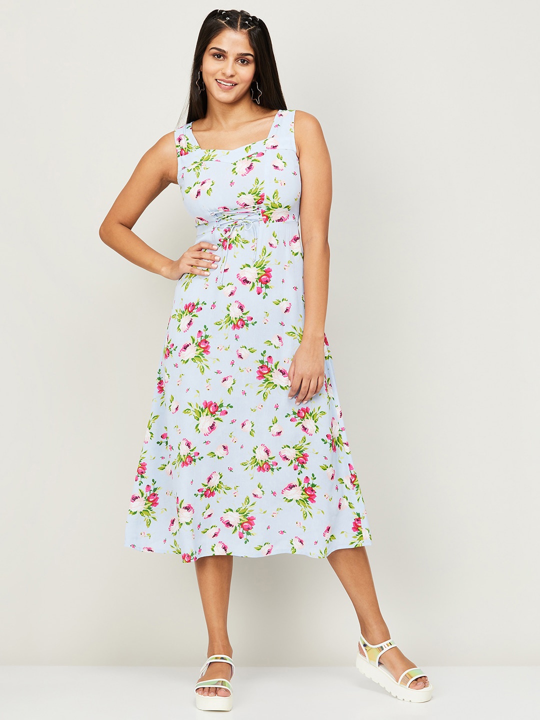 

Ginger by Lifestyle Sleeveless Smocked Floral Printed Fit & Flare Midi Dress, Blue