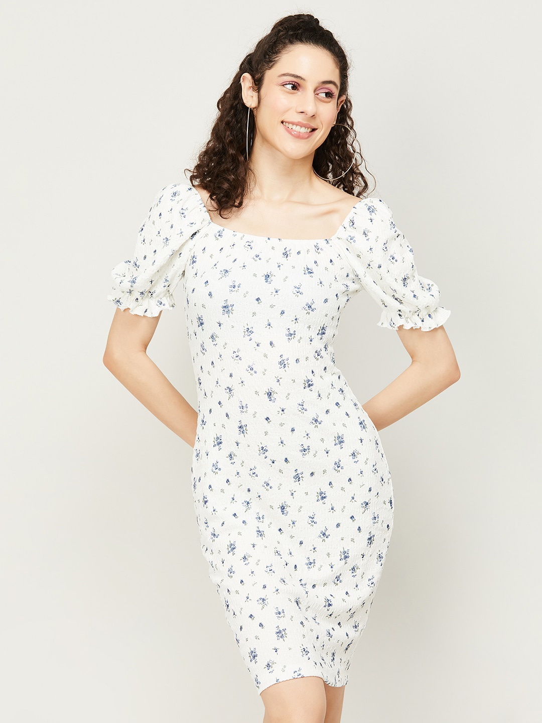 

Ginger by Lifestyle Floral Printed Puff Sleeves Sheath Dress, White