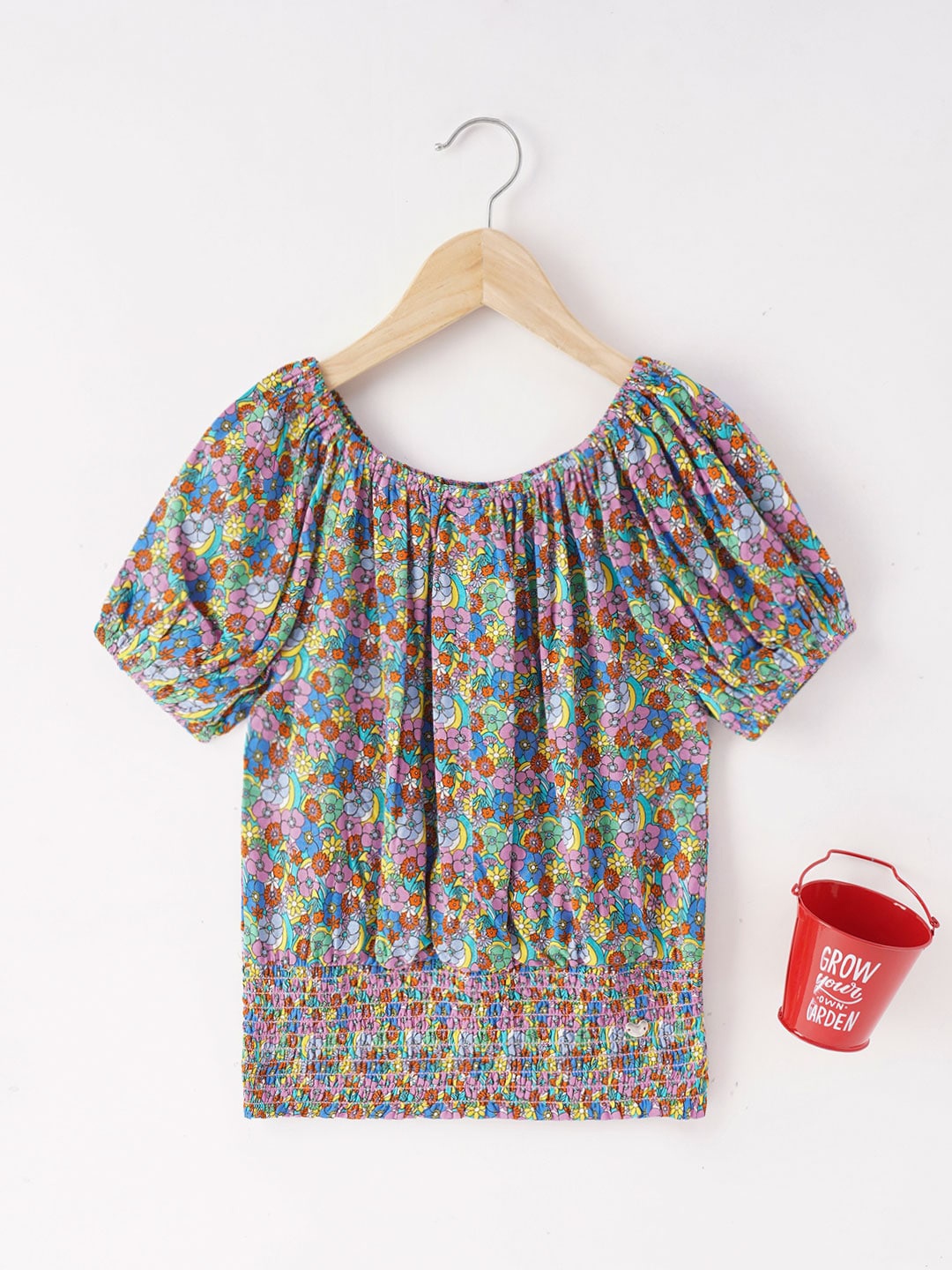 

Ed-a-Mamma Floral Printed Puff Sleeves Smocked Bardot Top, Green