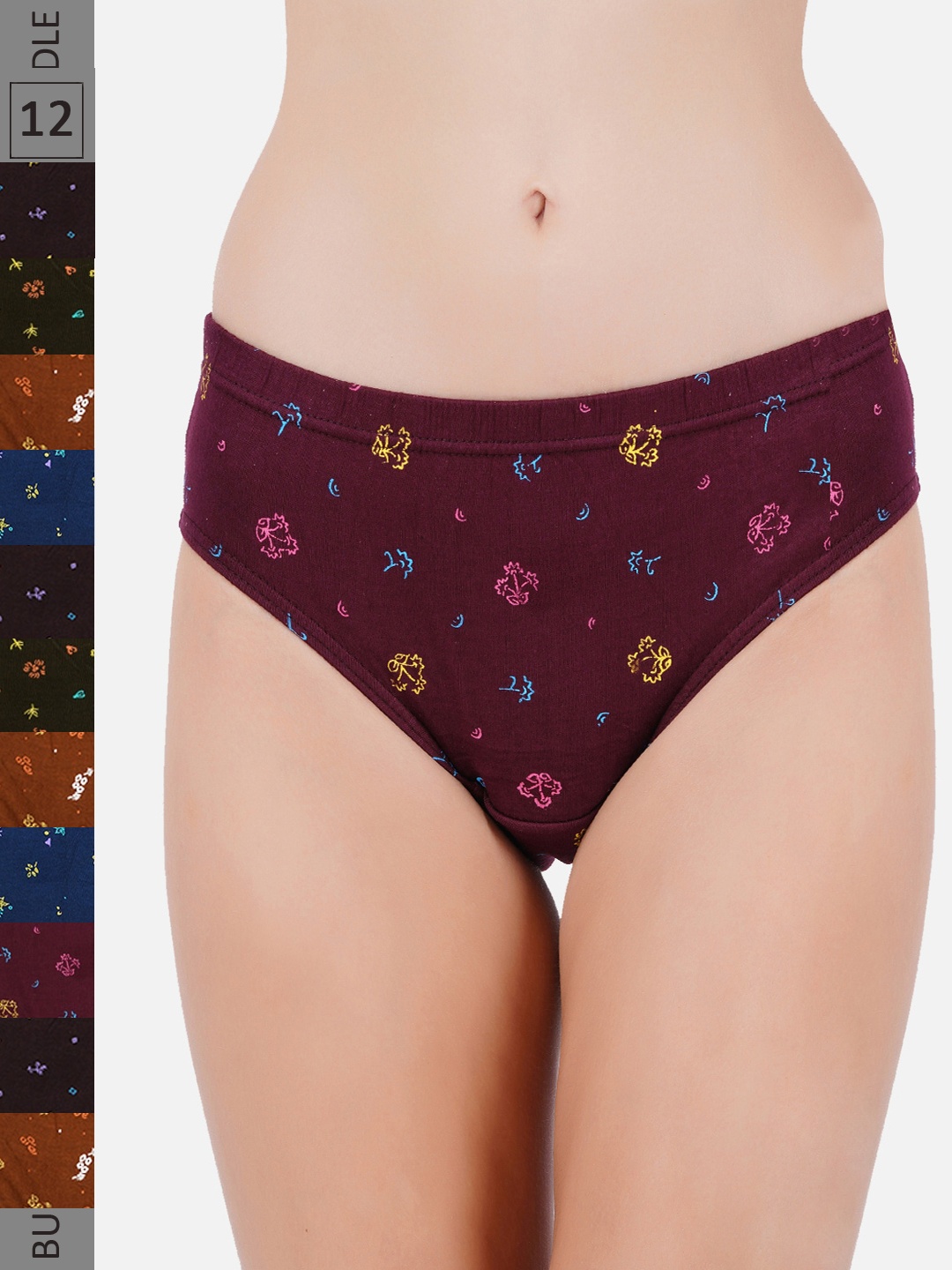 

PRIDE APPAREL Women Pack Of 12 Printed Anti Bacterial Cotton Hipster Briefs, Maroon
