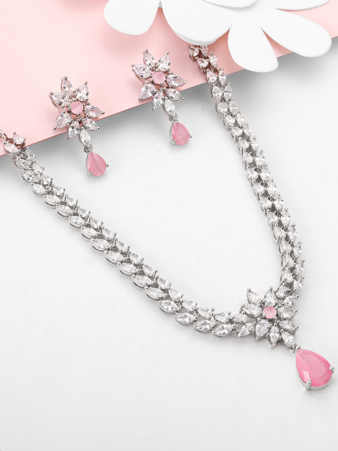 

GIVA Rhodium-Plated CZ-Studded 925 Sterling Silver Jewellery Set, Pink