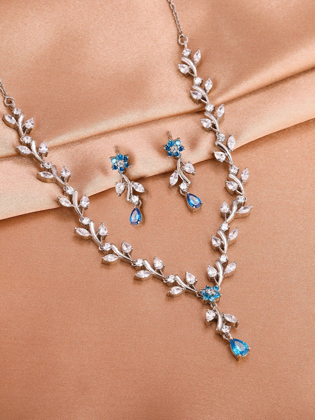 

GIVA 925 Sterling Silver Rhodium-Plated Stone-Studded & Beaded Jewellery Set, Blue