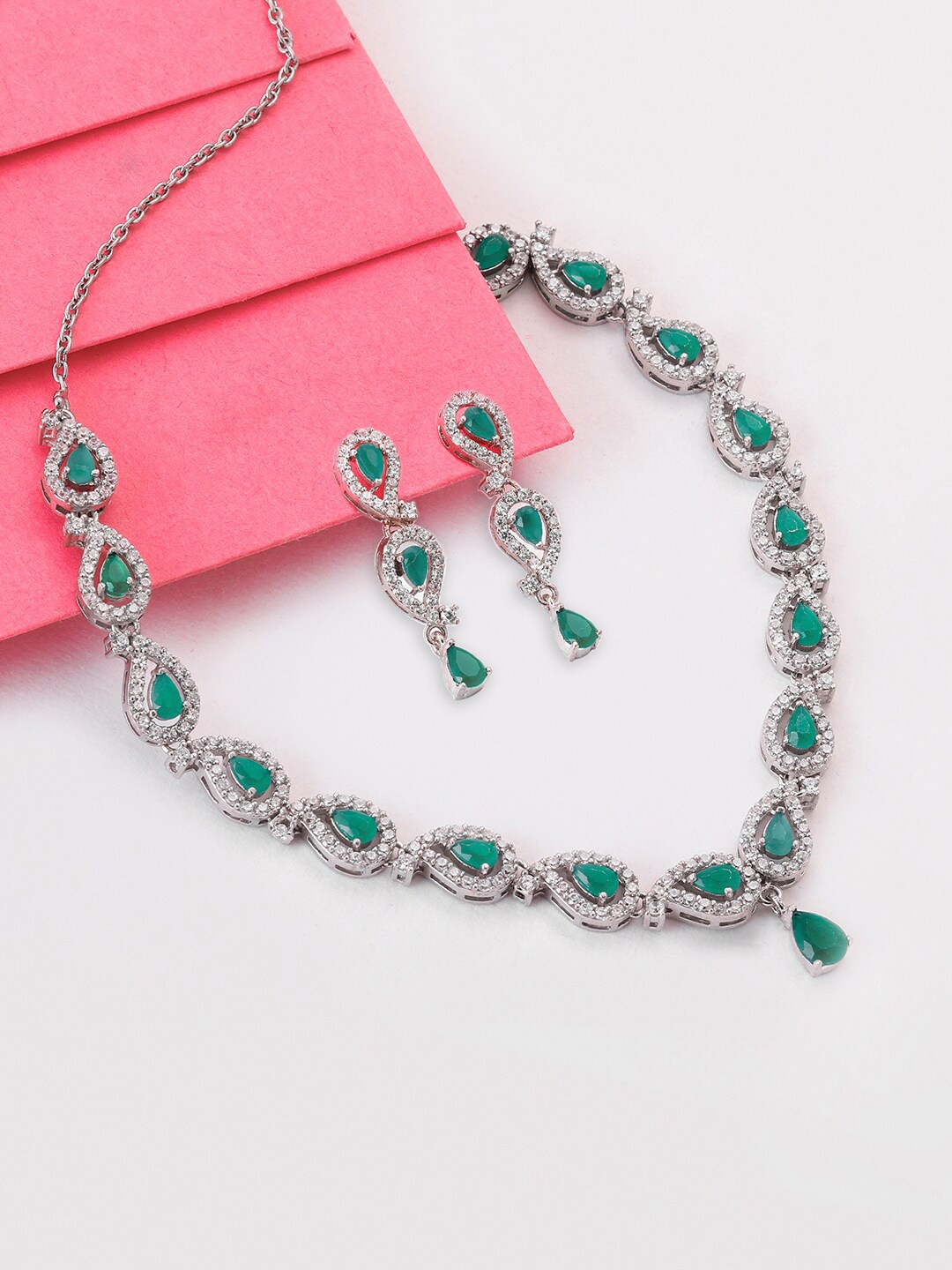 

GIVA 925 Sterling Silver Rhodium-Plated Stone Studded Jewellery Set, Green