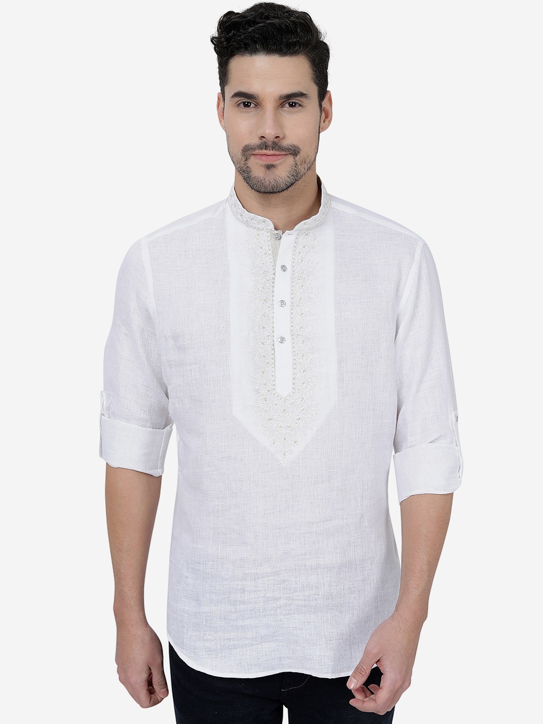 

JB STUDIO Ethnic Motif Yoke Design Mandarin Collar Thread Work Pure Cotton Kurta, White