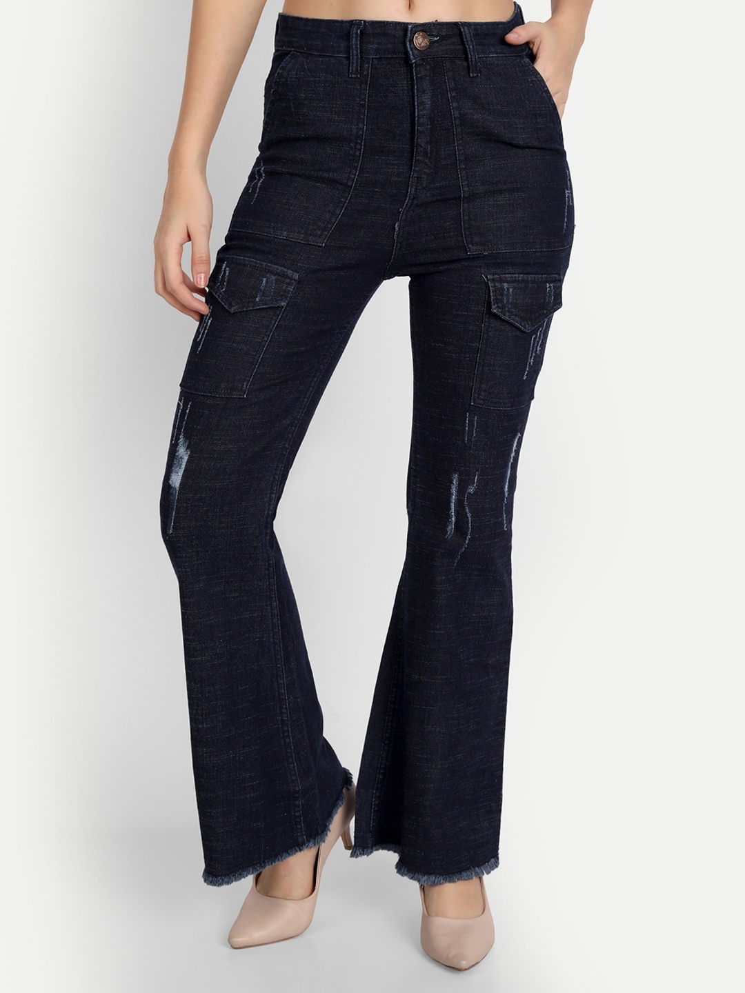 

AngelFab Women Jeans Bootcut High-Rise Mildly Distressed Cotton Jeans, Blue