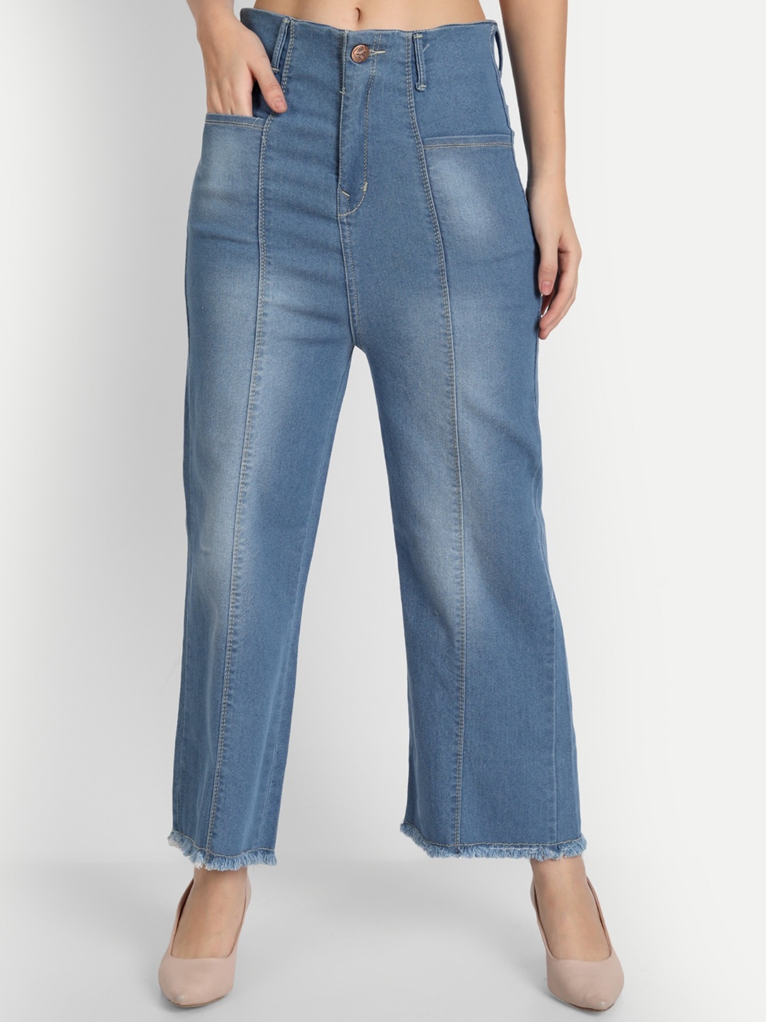 

AngelFab Women Jean Relaxed Fit High-Rise Light Fade Cotton Jeans, Blue
