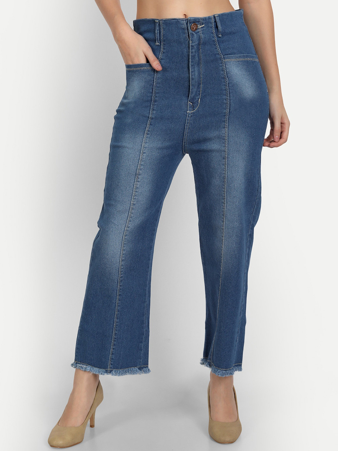 

AngelFab Women Cotton Relaxed Fit High-Rise Light Fade Jeans, Blue