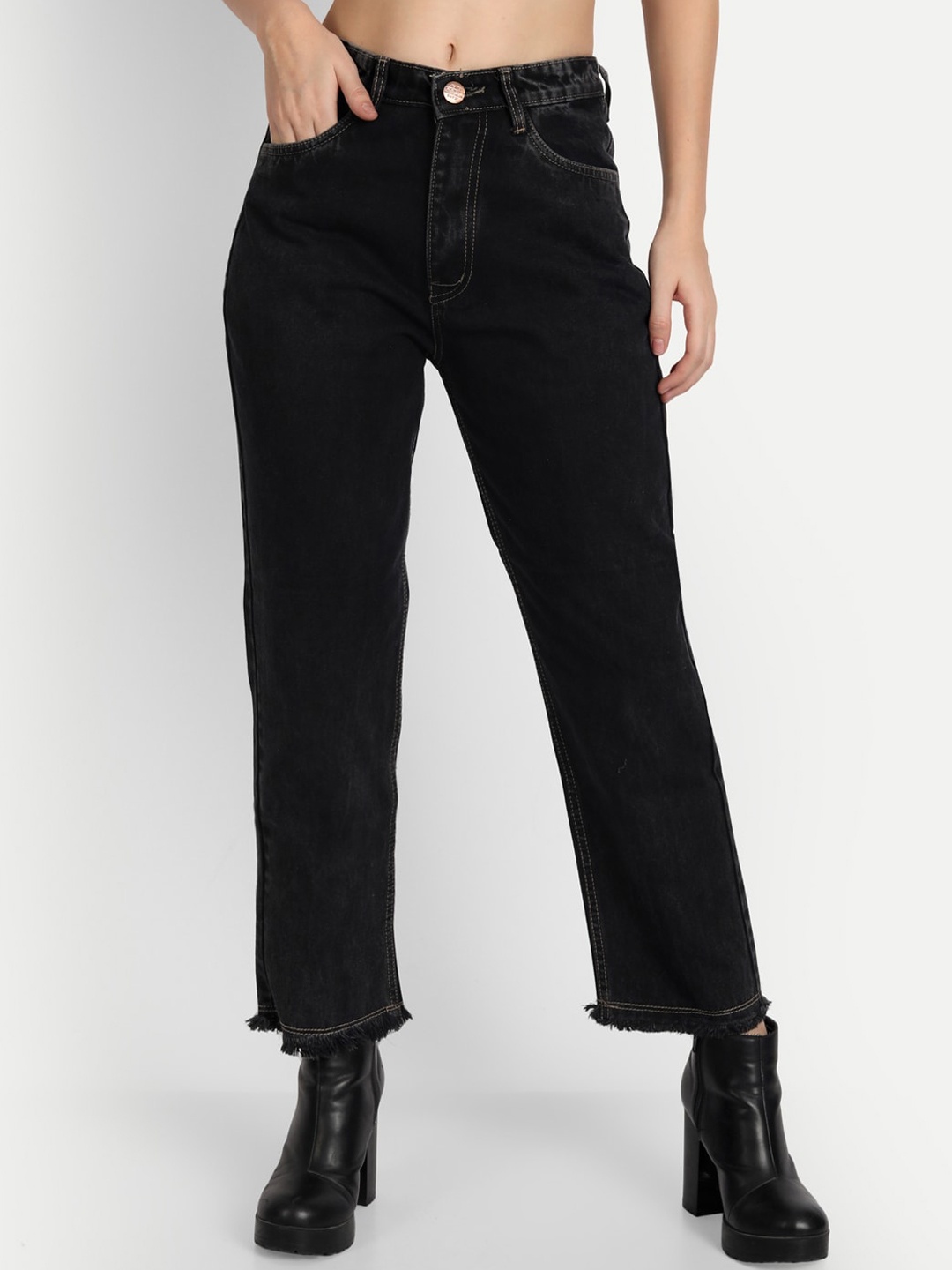 

AngelFab Women Straight Fit High-Rise Cotton Jeans, Black