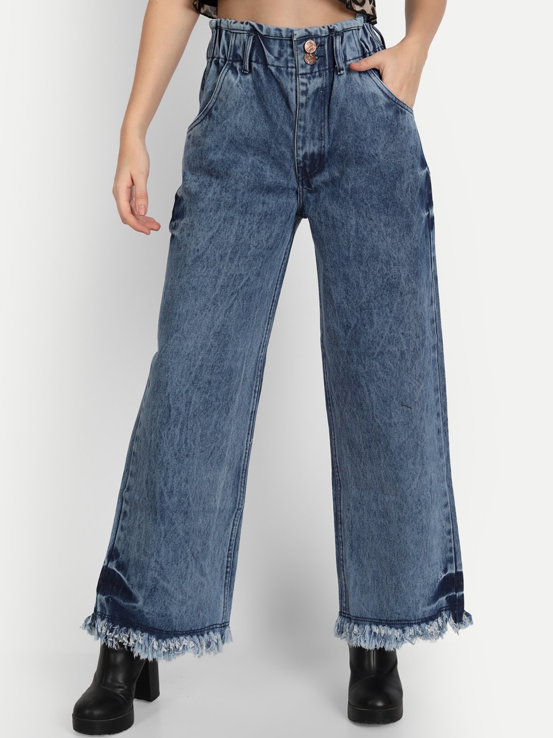 

AngelFab Women Blue Jean Wide Leg High-Rise Heavy Fade Jeans