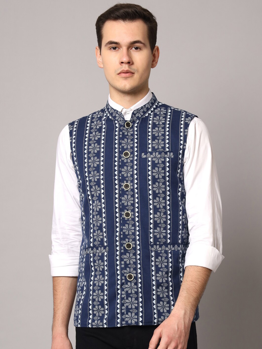 

Sutidora Men Printed Pure Cotton Nehru Jacket, Navy blue