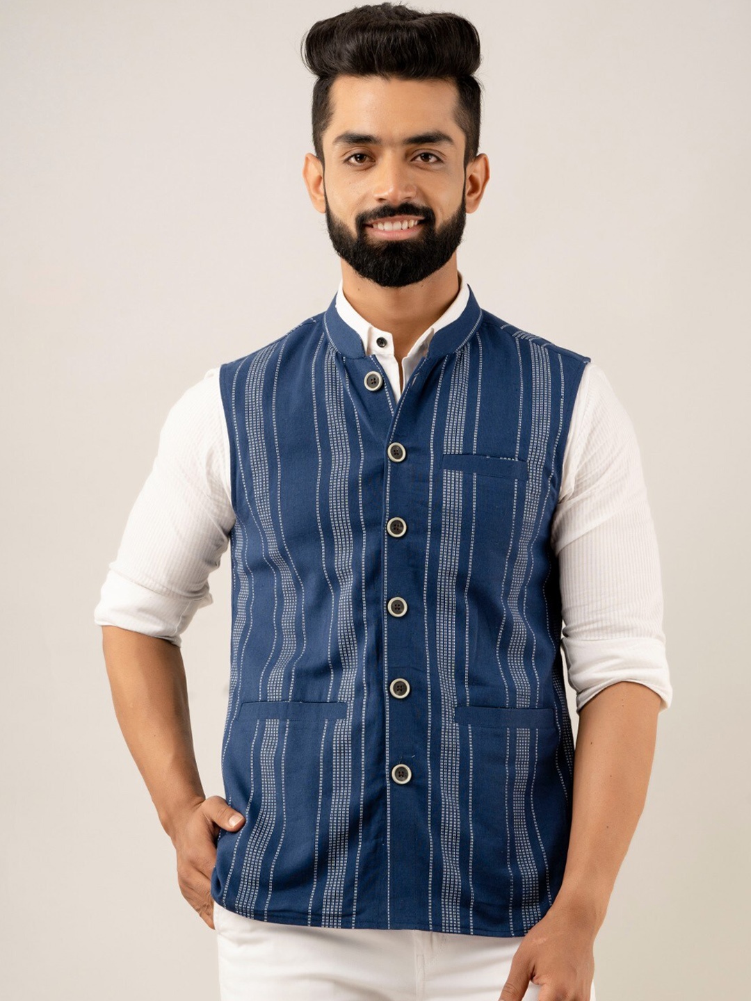 

Sutidora Printed Pure-Cotton Nehru Jackets, Blue